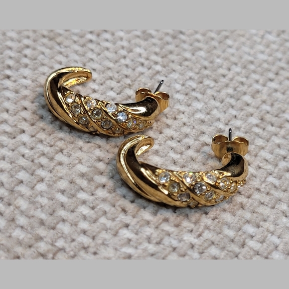 Vintage AVON Gold Tone Rhinestone Post Hoop Earrings - Picture 2 of 3